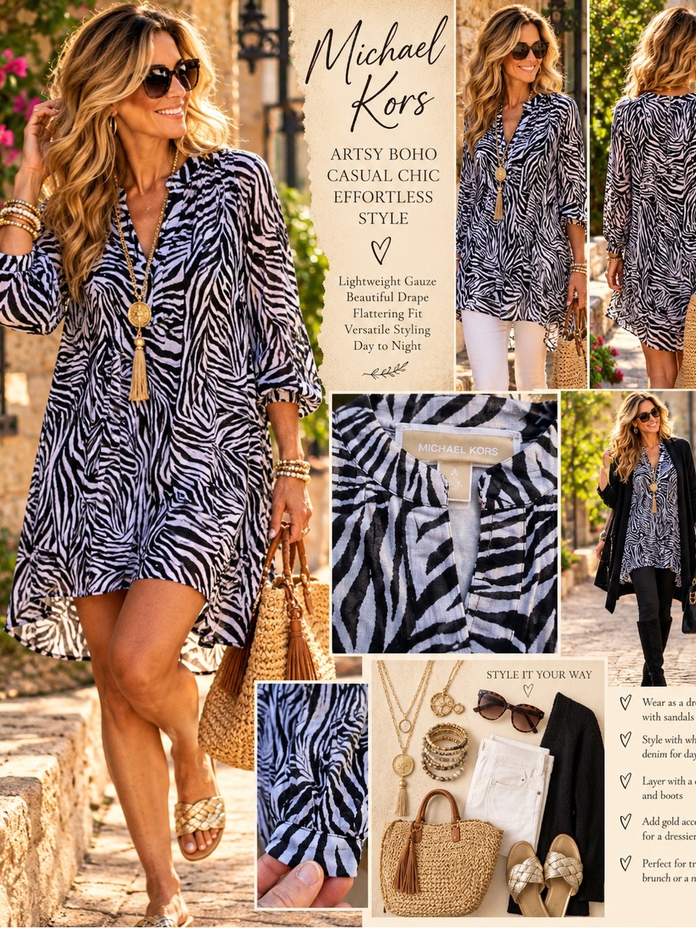 Michael Kors Zebra Print Cotton Gauze Tunic Dress Black White XL Boho Chic